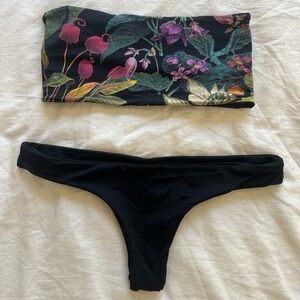 Reversible black & floral print tube top bikini set S
